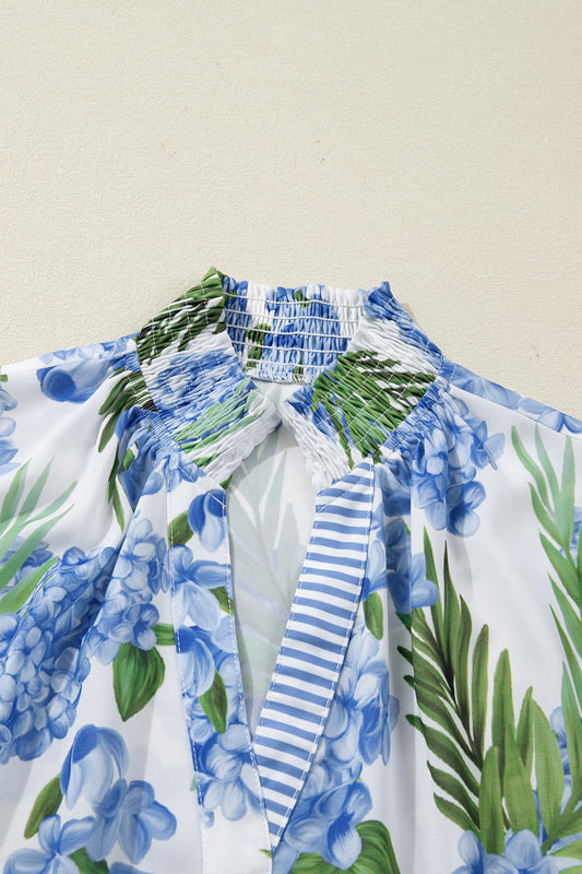 Threaded Pear Sky Blue Palm Floral Print Striped Patchwork V Neck Short Sleeve Blouse