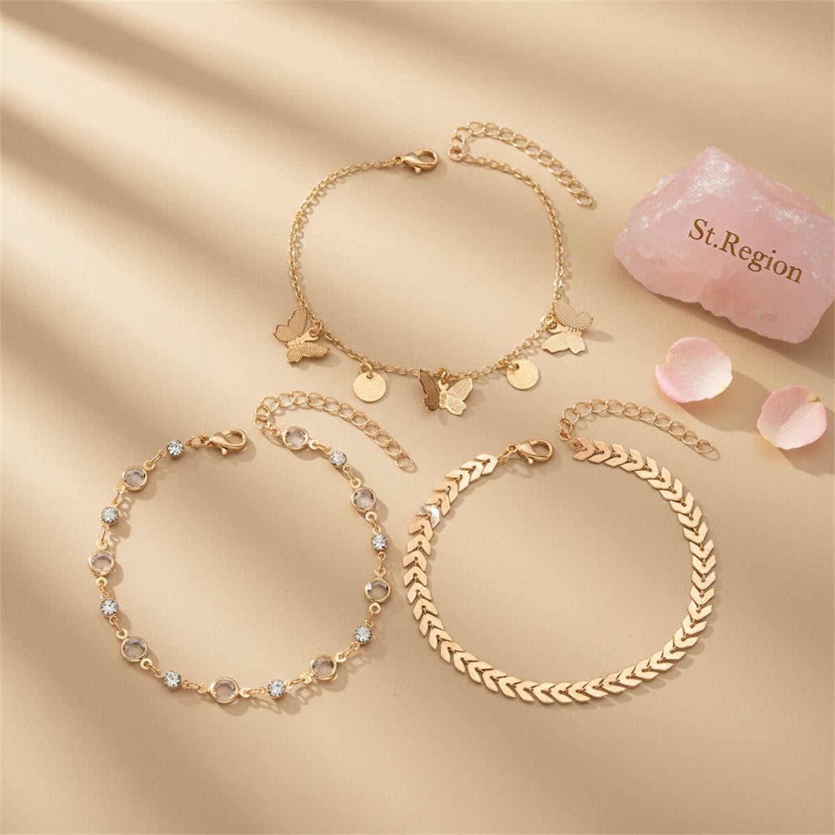 Clear Crystal & Cubic Zirconia Goldtone Wheat Chain Butterfly Tassel Anklet Set