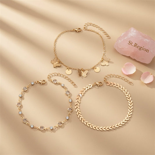 Clear Crystal & Cubic Zirconia Goldtone Wheat Chain Butterfly Tassel Anklet Set