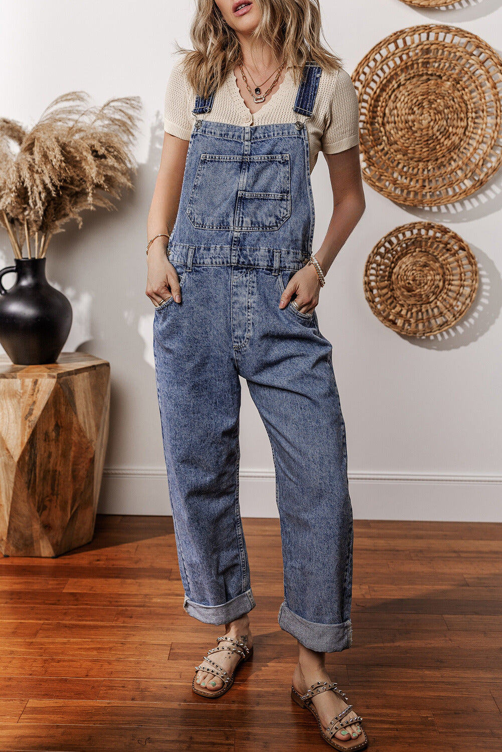 Threaded Pear Piper Denim Straight Leg Jumpsuit with Pockets