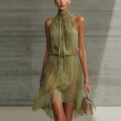 V-Neck Waist Trimming Ruffles Elegant Dress