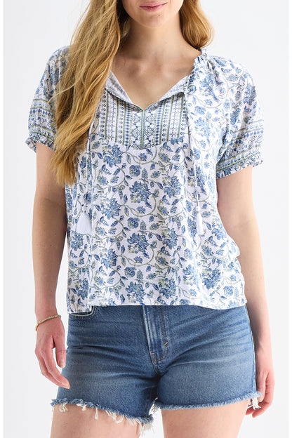 Lucky Brand Women's Short Sleeve Notch Neck - Blue Multi
