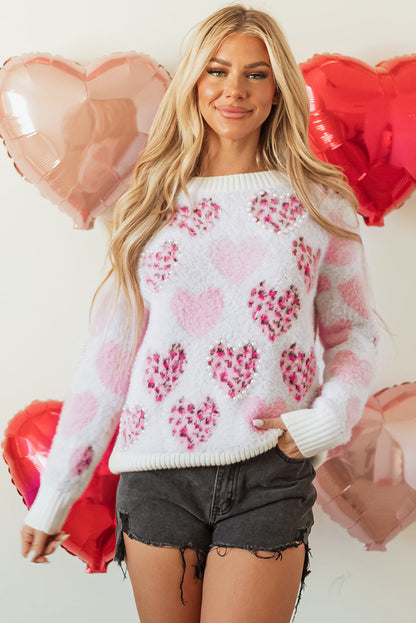 Threaded Pear Heart Leopard Pearled Fuzzy Sweater