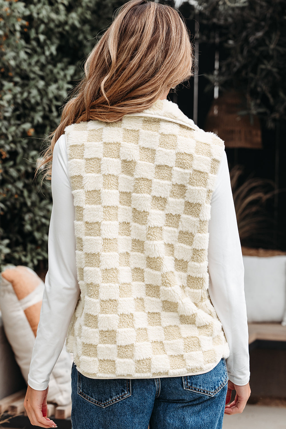 Threaded Pear Stevie Sherpa Checkerboard Button Vest With Pocket