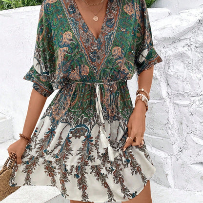 Paisley Print Batwing Sleeve Tassel Tie Front Ruffle Hem Dress