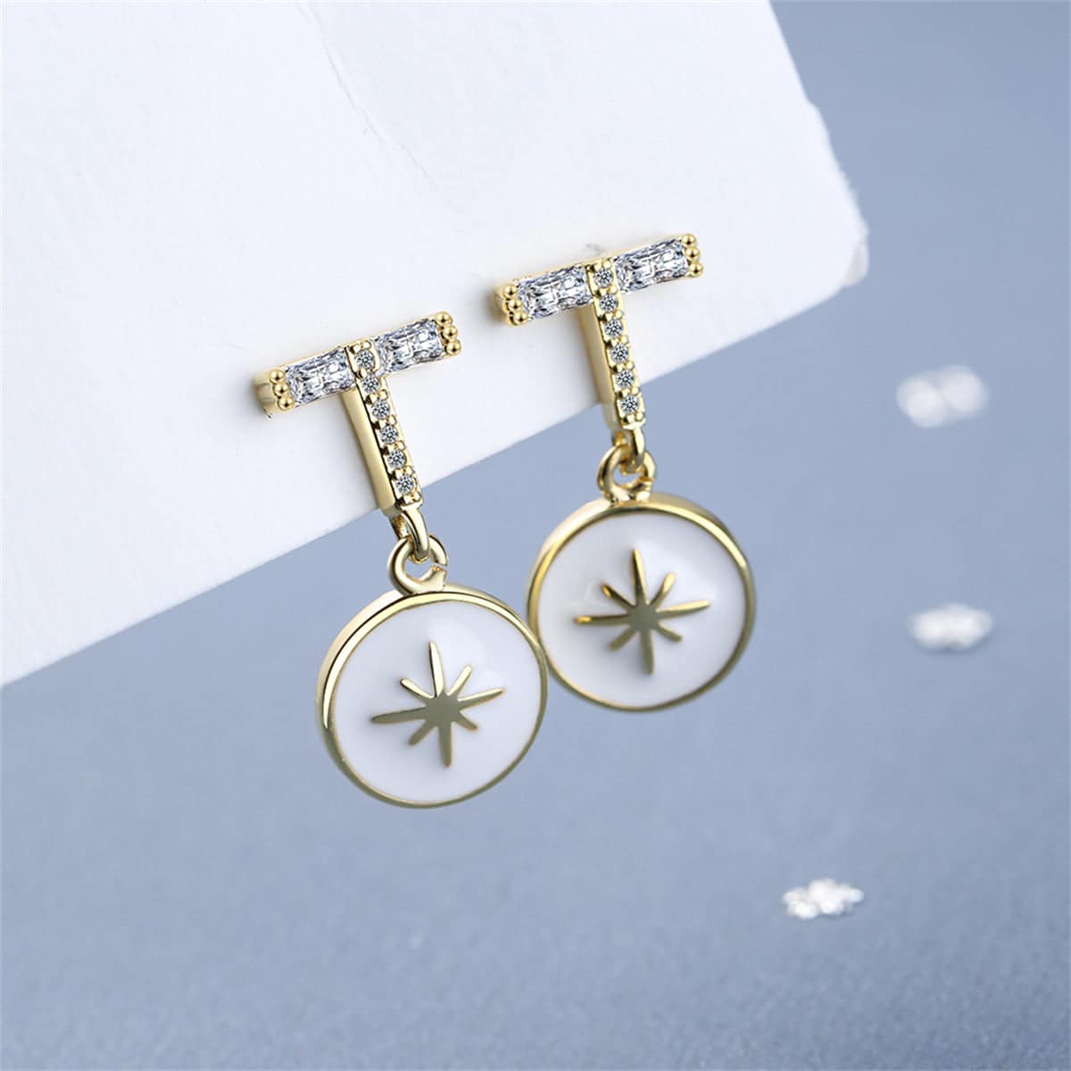 Cubic Zirconia & Enamel Goldtone Star Drop Earrings