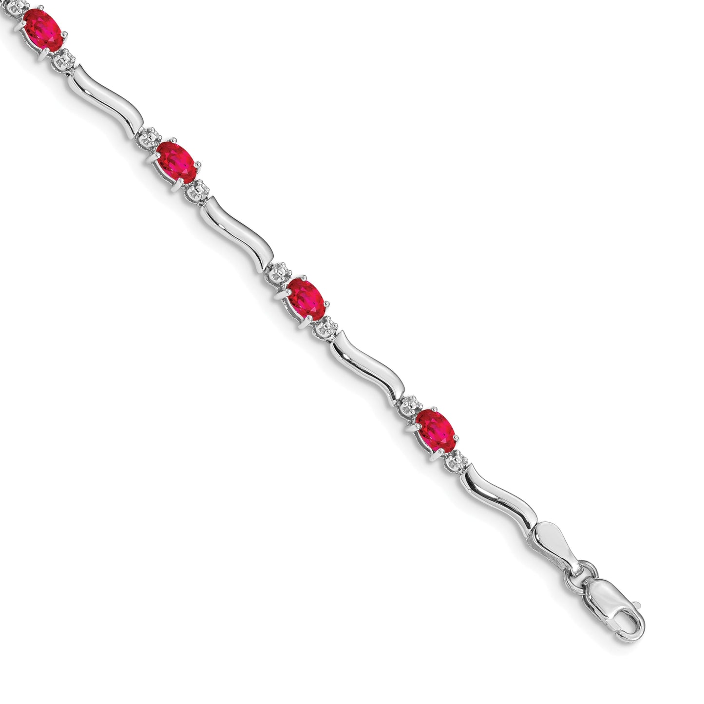 Oval Red Ruby & Diamond Prong 14K White Gold Wave Link Bracelet