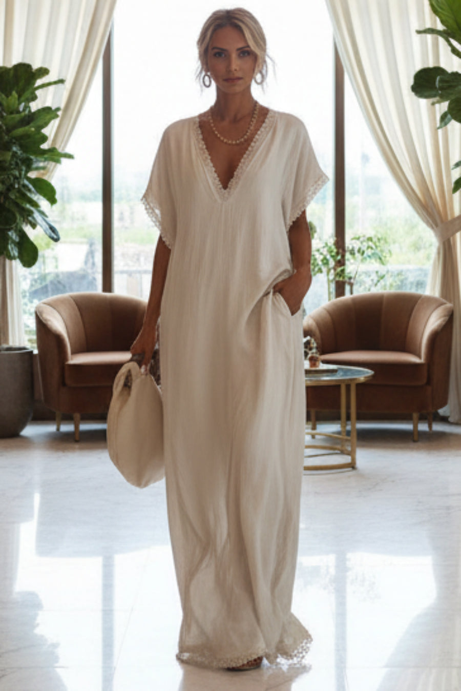 Women's Deep V-Neck Batwing Sleeve Lace-Trim Kaftan Maxi Dress
