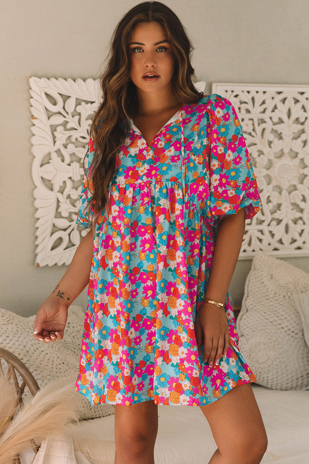 Threaded Pear Lena Floral Bubble Sleeve Babydoll Dress