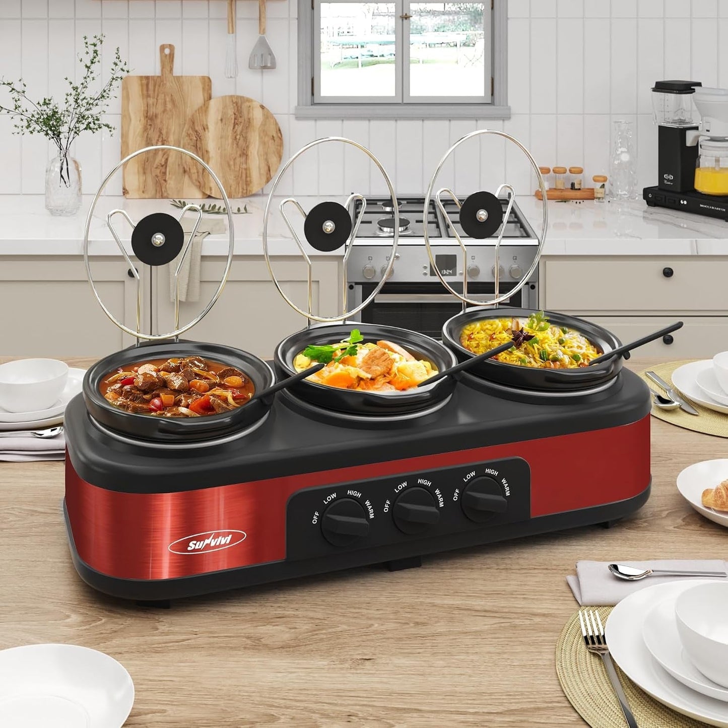 Triple Slow Cooker Buffet Food Warmer with 3 x 1.5 QT Removable Ceramic Pots