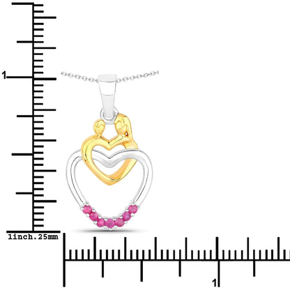 Round Pink Ruby Prong Silver Double Heart Pendant Necklace