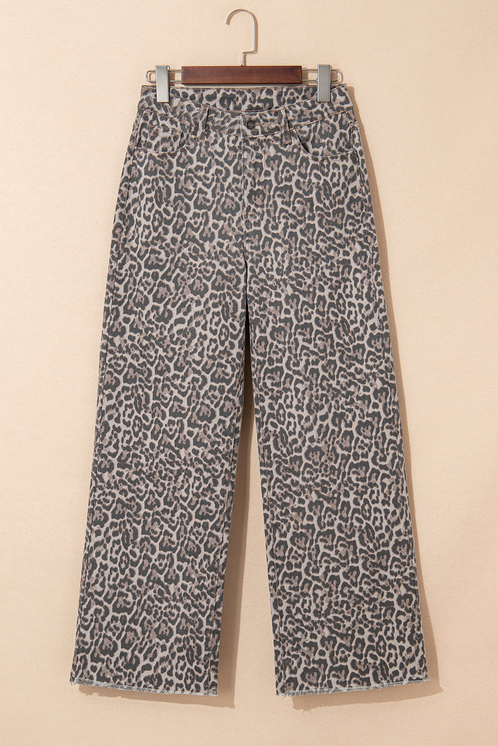Threaded Pear Brianna Leopard Frayed Edge Wide Leg High Waist Jeans