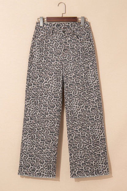 Threaded Pear Brianna Leopard Frayed Edge Wide Leg High Waist Jeans