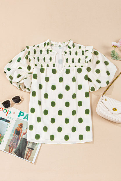 Threaded Pear Nylah Polka Dot Shirred Yoke Blouse