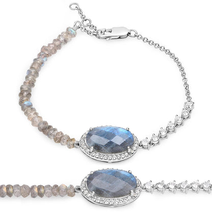 Oval Labradorite Prong Silver Asymmetrical Faceted Bead Tennis Chain Bracelet