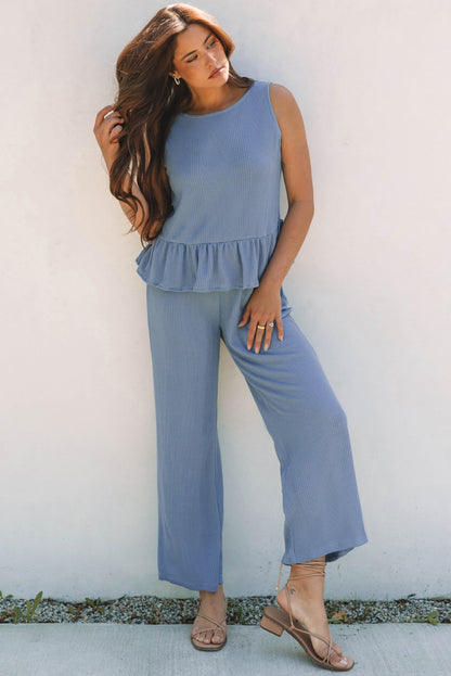 Threaded Pear Teresa Ribbed Ruffle Tank Top and Pants Set