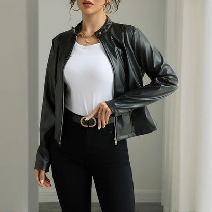 Women's Solid Color Long Sleeve Stand Collar Faux Leather Blazer