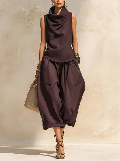 Women's Draped Cowl-Neck Sleeveless Top & Voluminous Balloon Lantern Trouser Set