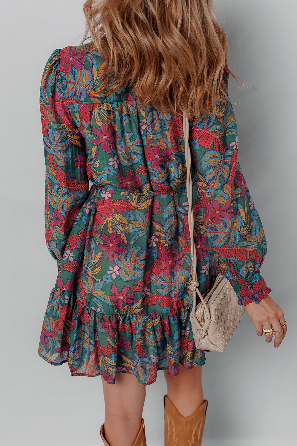 Threaded Pear Maria Floral V Neck Puff Sleeve Dress
