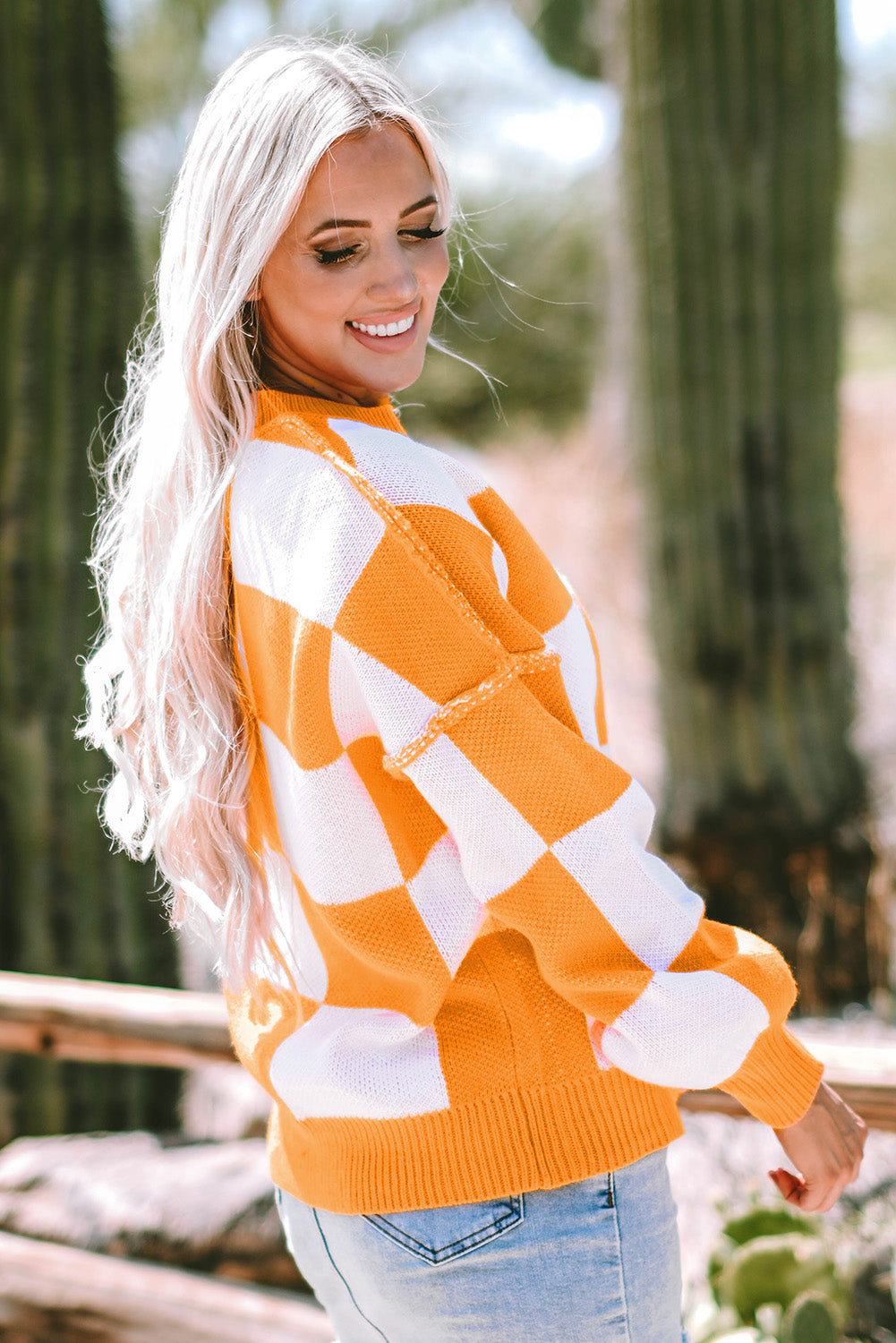 Threaded Pear Ashley Checkered Bishop Sleeve Sweater