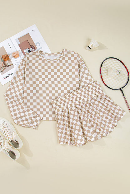 Threaded Pear Emily Checkered Long Sleeve High Waist Skort 2pcs Set