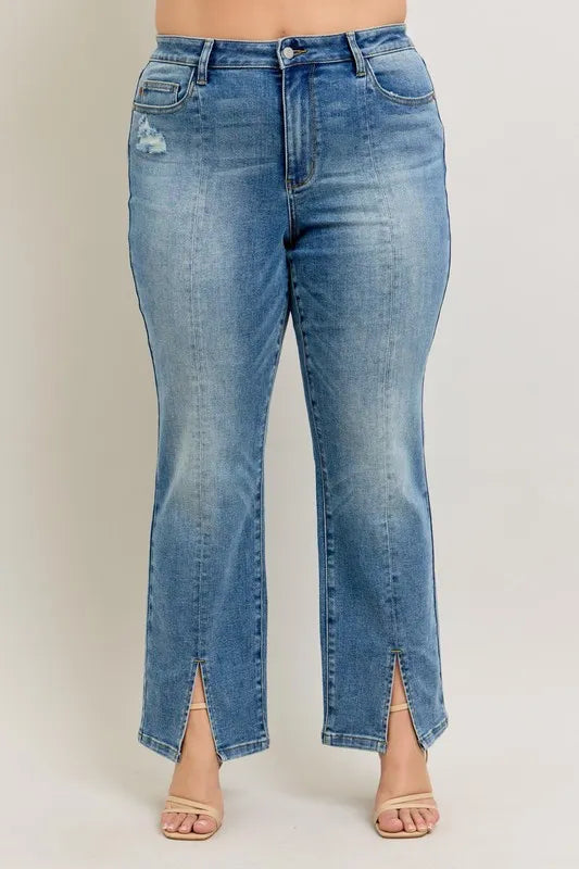 Judy Blue Full Size High Waist Vintage Wash Front Seam & Slit Straight Plus Size