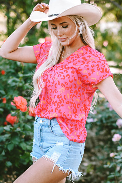 Threaded Pear Charley Leopard V Neck Short Sleeve Blouse