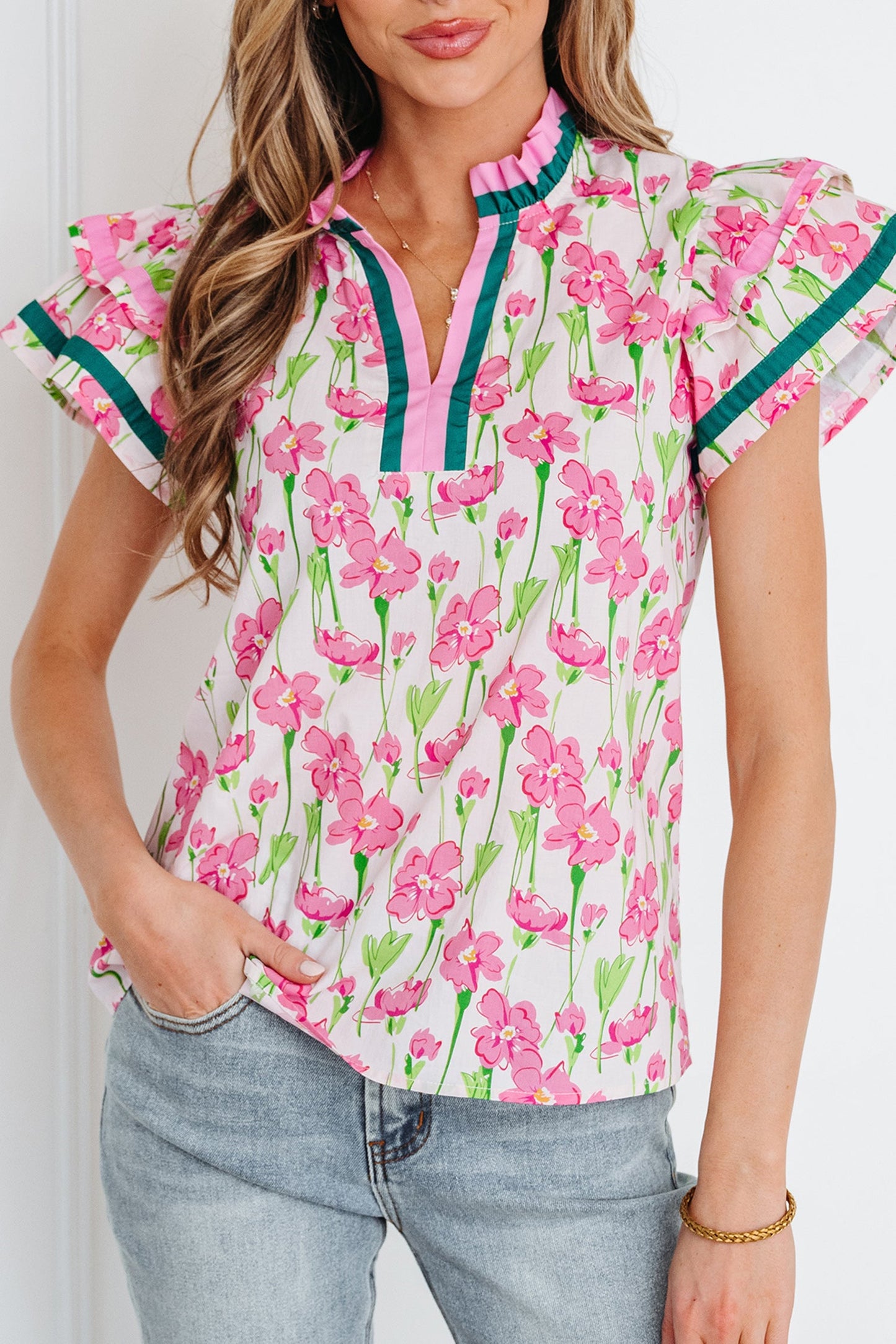 Threaded Pear Elyse Ruffled Short Sleeve Blouse