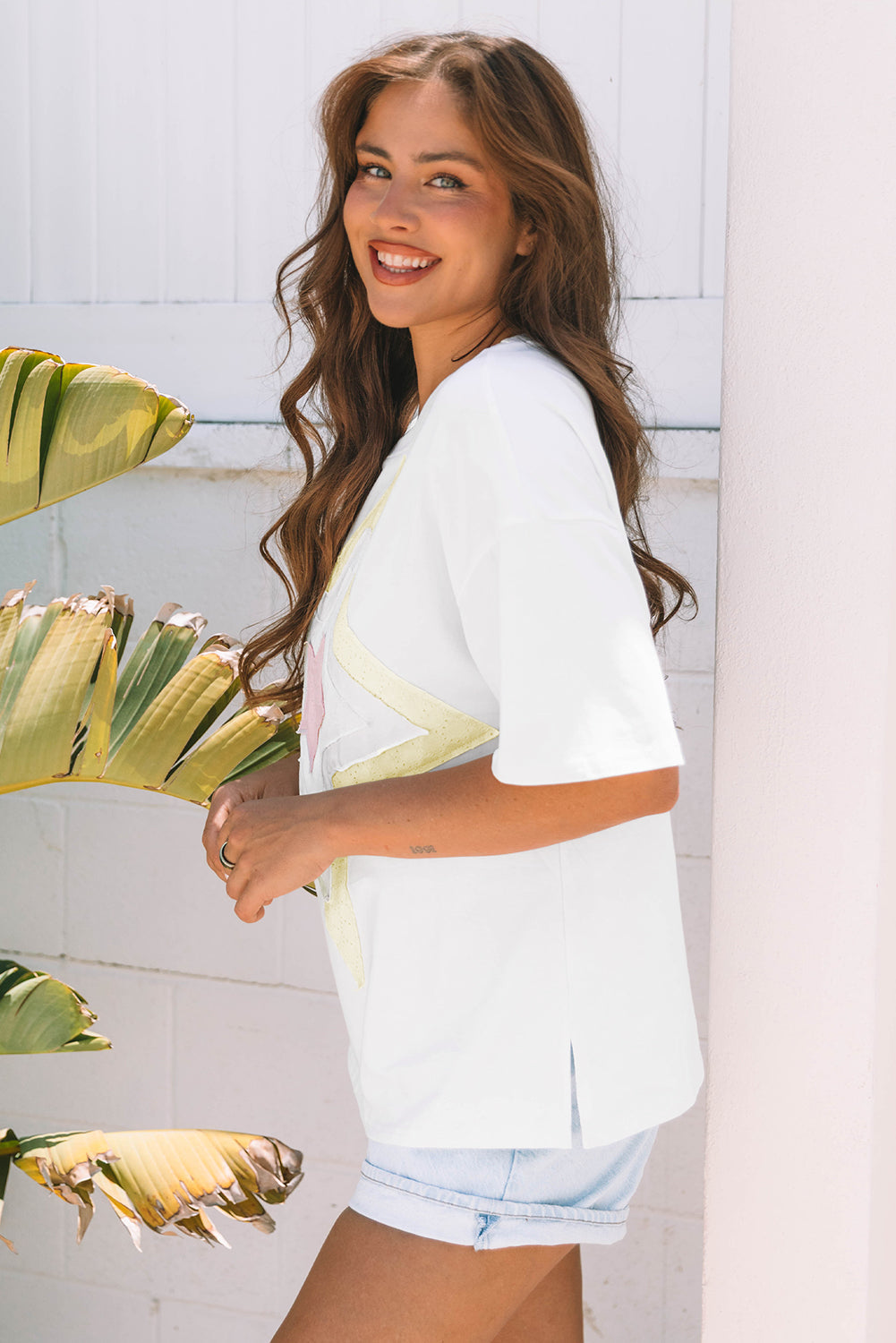 Threaded Pear Lisa Layered Star Patched Half Sleeve Loose Top