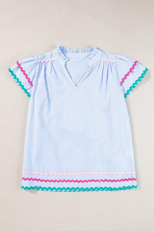Threaded Pear Sky Blue Stripe Ricrac Trim Split Neck Striped Ruffled Sleeve Blouse
