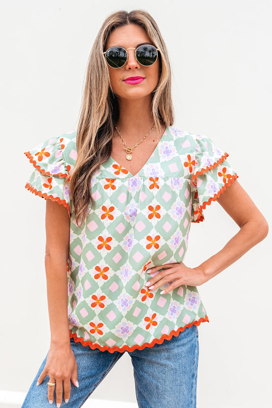 Threaded Pear Belen Floral Layered Flutter Sleeve Rac Trim Blouse