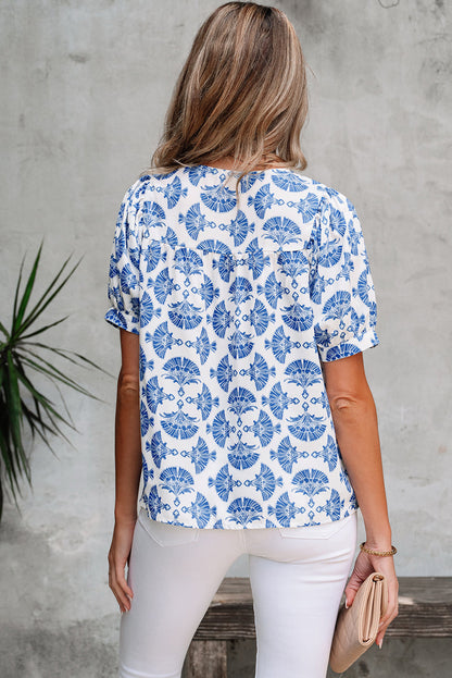 Threaded Pear Grace Geometric Tassel Drawstring V Neck Blouse