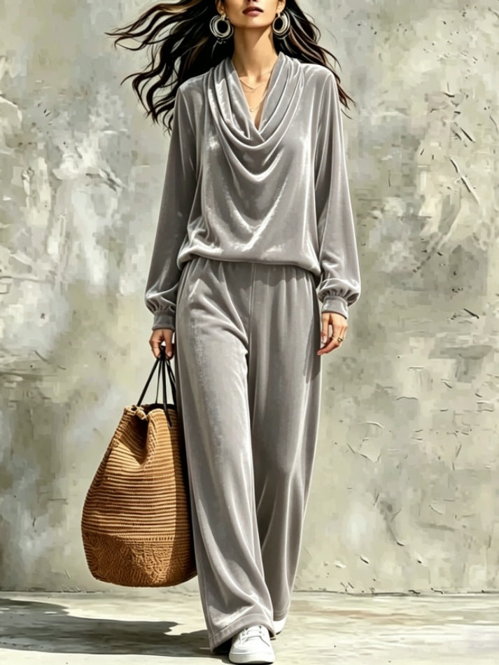 Women's Gold Velvet Cowl Neck Drop-Shoulder Top & Wide-Leg Pants Set – 8 Colors