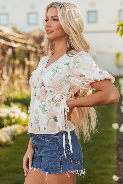 Threaded Pear Alaiya Floral Puff Sleeve V Neck Tied Front Peplum Blouse