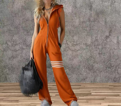Women's Sporty Retro Lace-Up Striped Sleeveless Hooded Jumpsuit – Wide Flare Leg