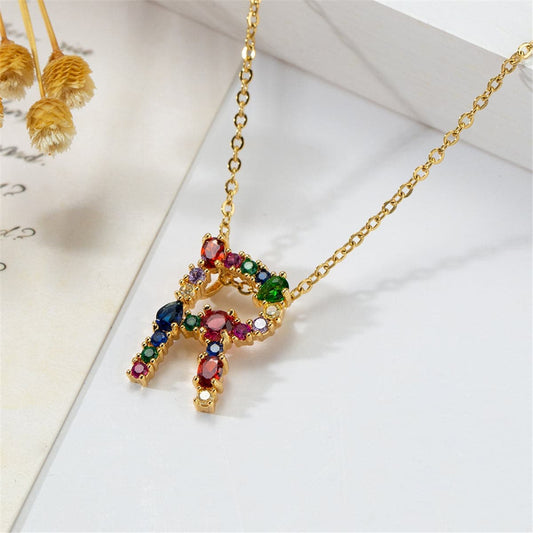 Red Multicolor Crystal & Cubic Zirconia Letter R Pendant Necklace