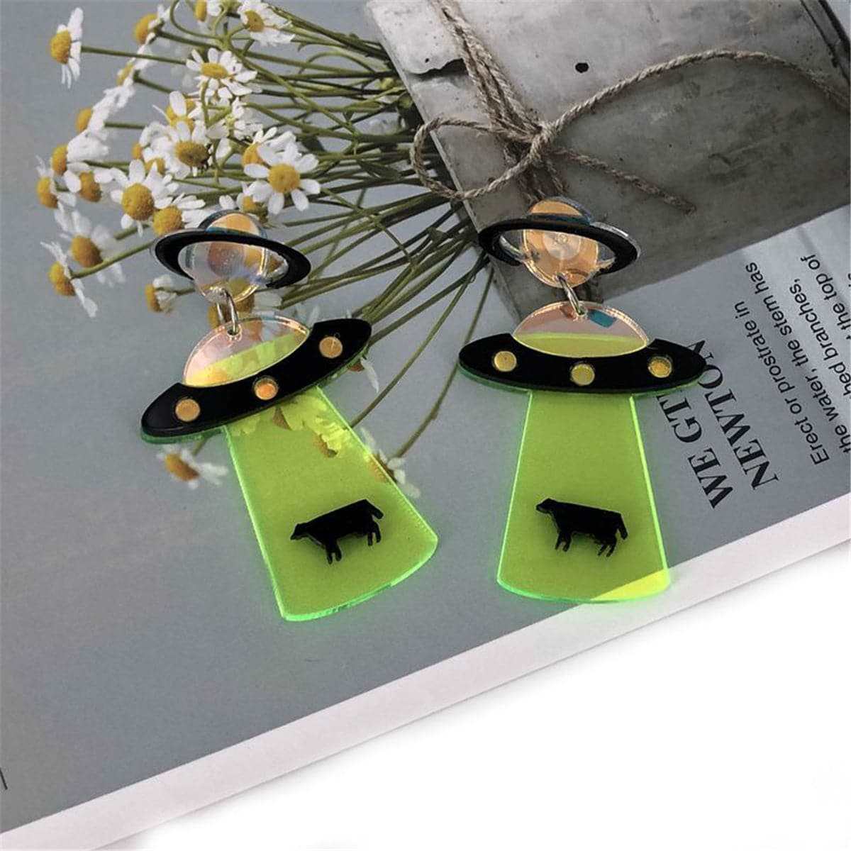 Green Acrylic & Silvertone UFO Beam Drop Earrings