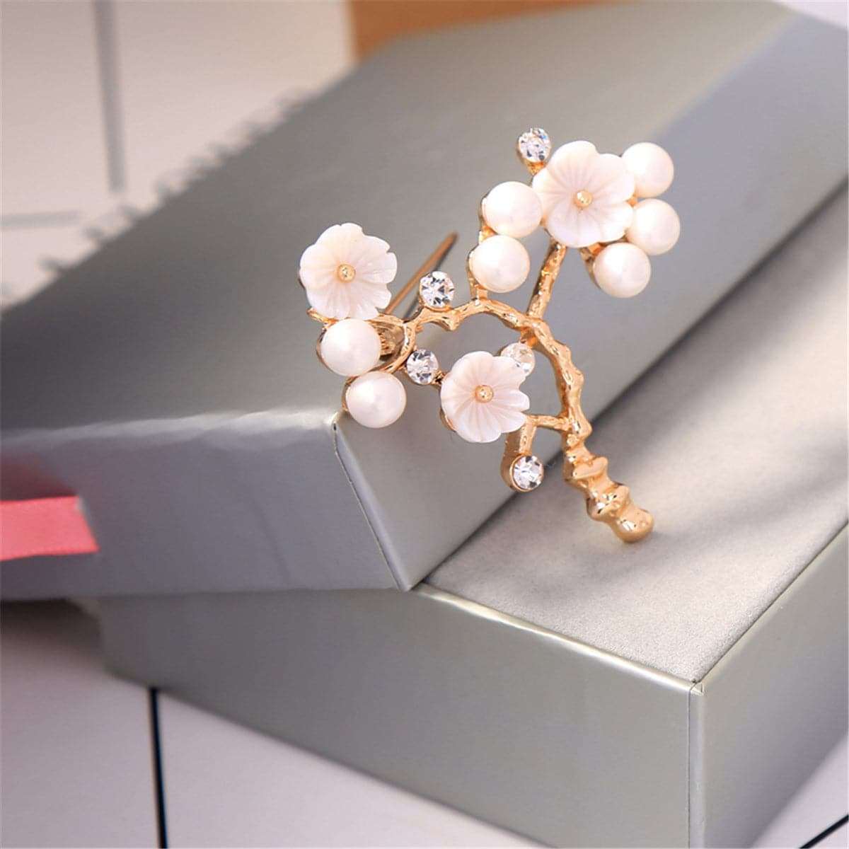 Pearl & Cubic Zirconia Shell Goldtone Flower Brooch