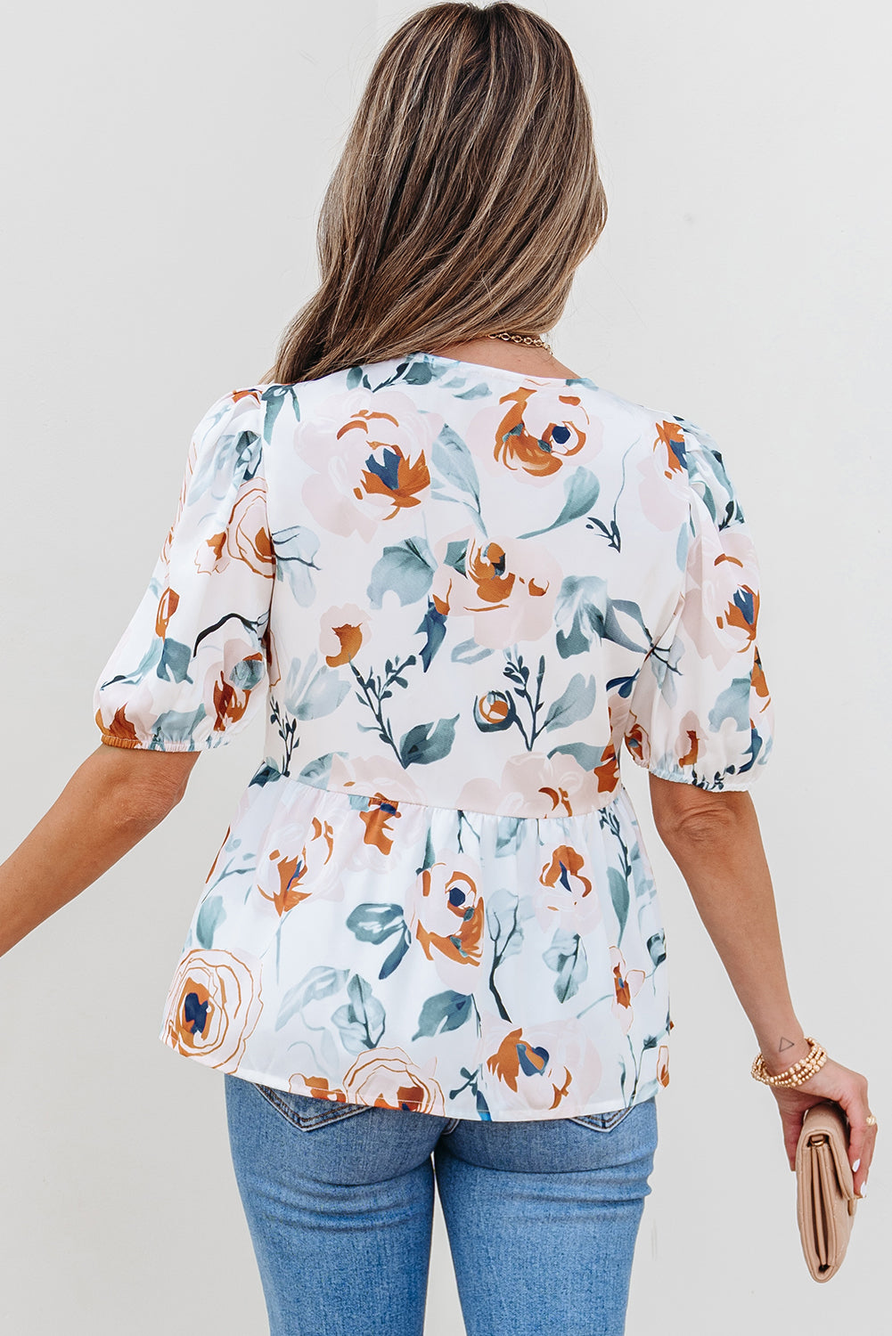 Threaded Pear Salome Floral Puff Sleeve V Neck Babydoll Blouse