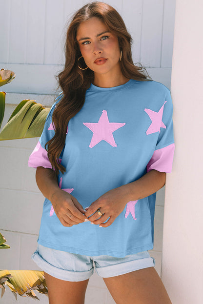 Threaded Pear Etta Frayed Denim Star Patched Oversize Top
