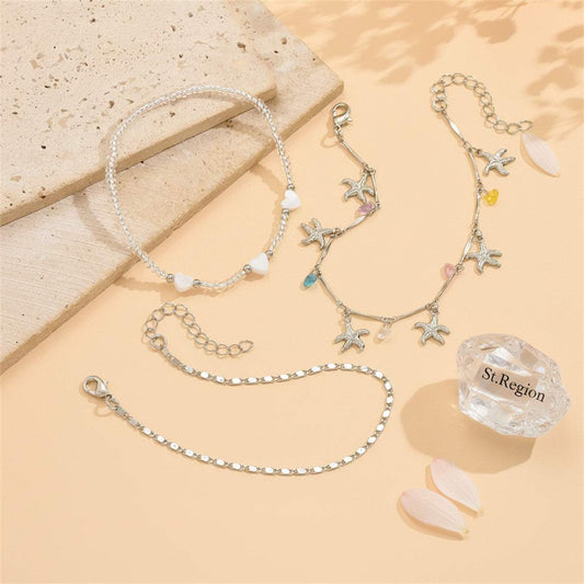 Multi-Colored Crystal & Acrylic Silvertone Starfish Tassel Anklet Set