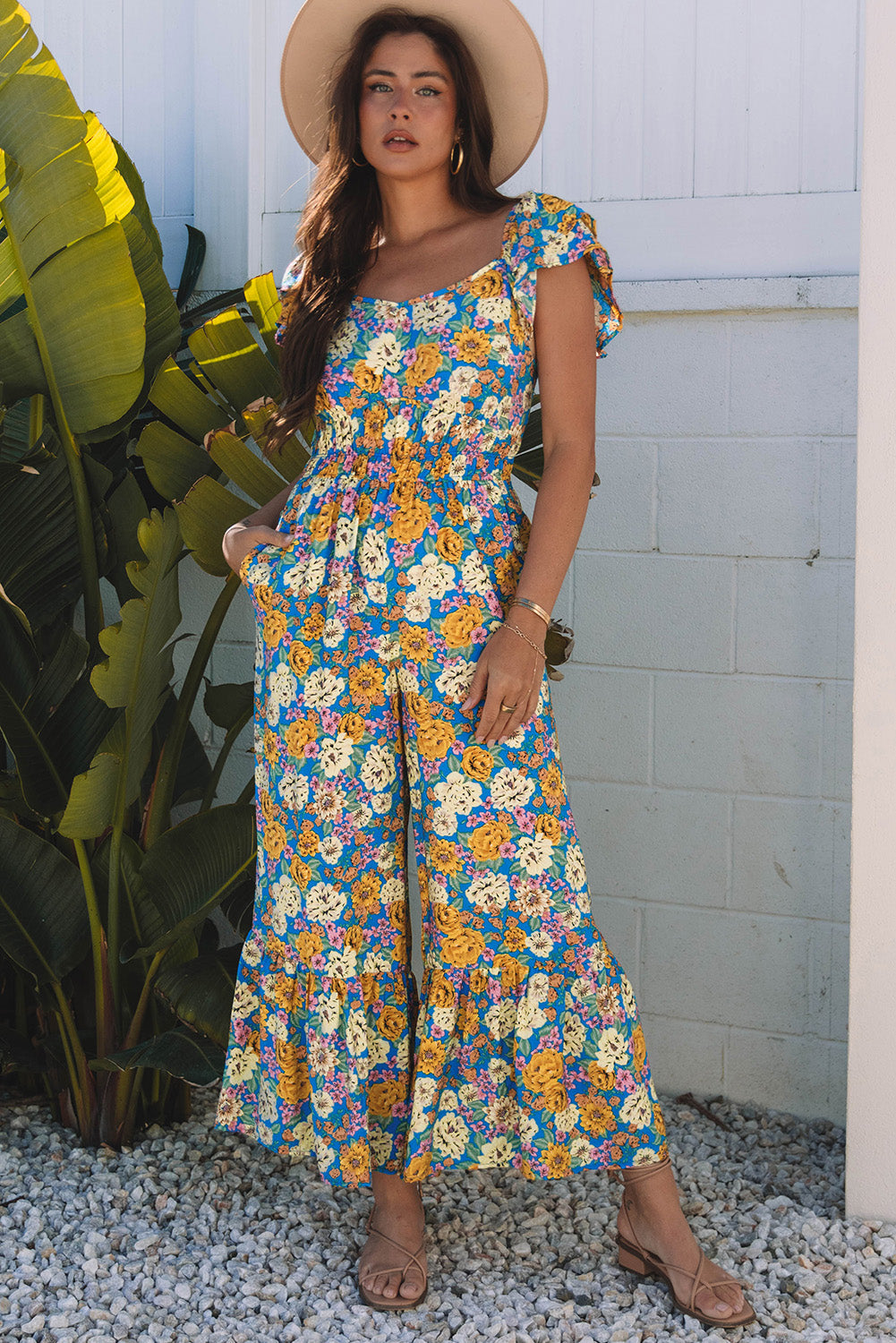 Threaded Pear Amayah Allover Shirred Cut Out High Waist Jumpsuit