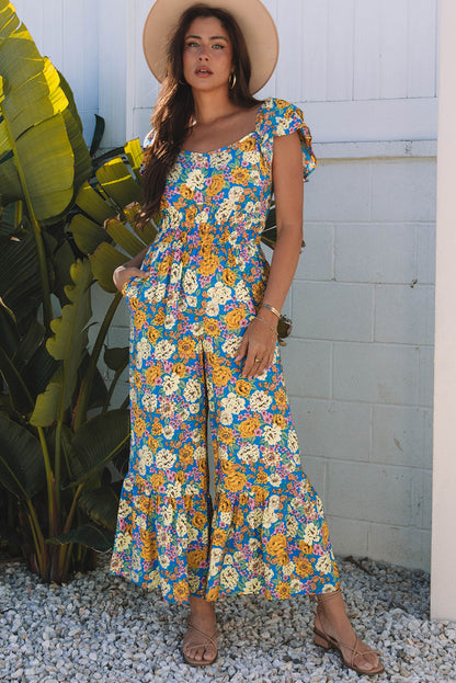 Threaded Pear Amayah Allover Shirred Cut Out High Waist Jumpsuit