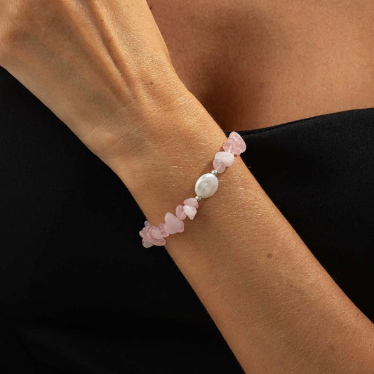 Pink Quartz & Baroque Pearl Silvertone Beads Chain Bracelet