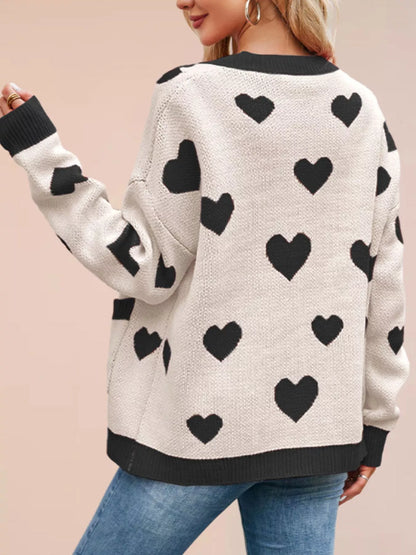 Heart Pattern V-Neck Button-Down Knit Cardigan
