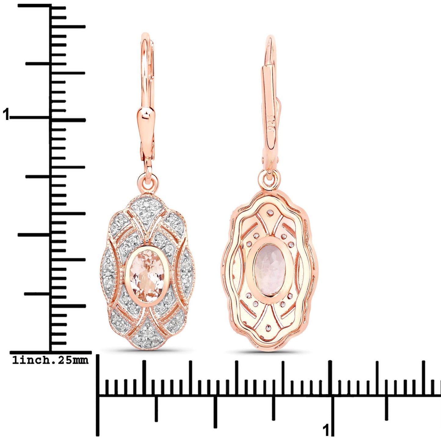 Oval Pink Morganite Bezel 18K Rose Gold Plated Silver Lever Back Dangle Earrings