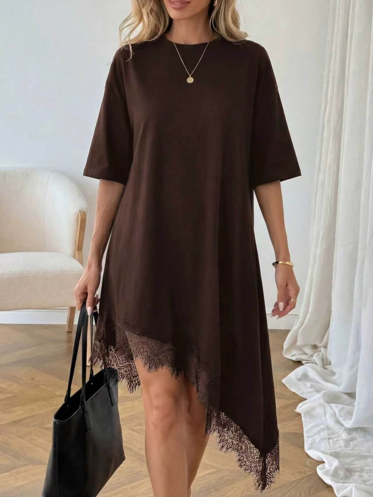brown lace asymmetrical dress Afina | Brown Lace Asymmetric-Neck Maxi Dress