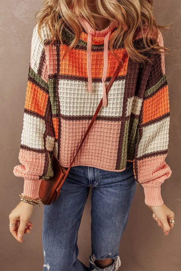 Threaded Pear Zoey Waffle Knit Drawstring Mock Neck Sweater