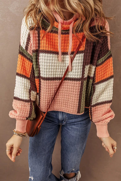 Threaded Pear Zoey Waffle Knit Drawstring Mock Neck Sweater