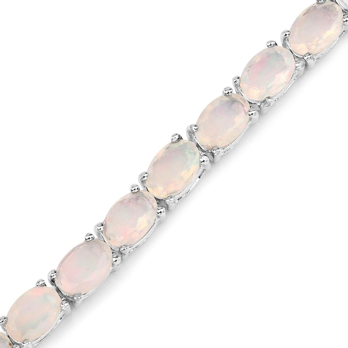 7.83 Cttw Oval White Ethiopian Opal Prong Rhodium Plated Silver Tennis Bracelet